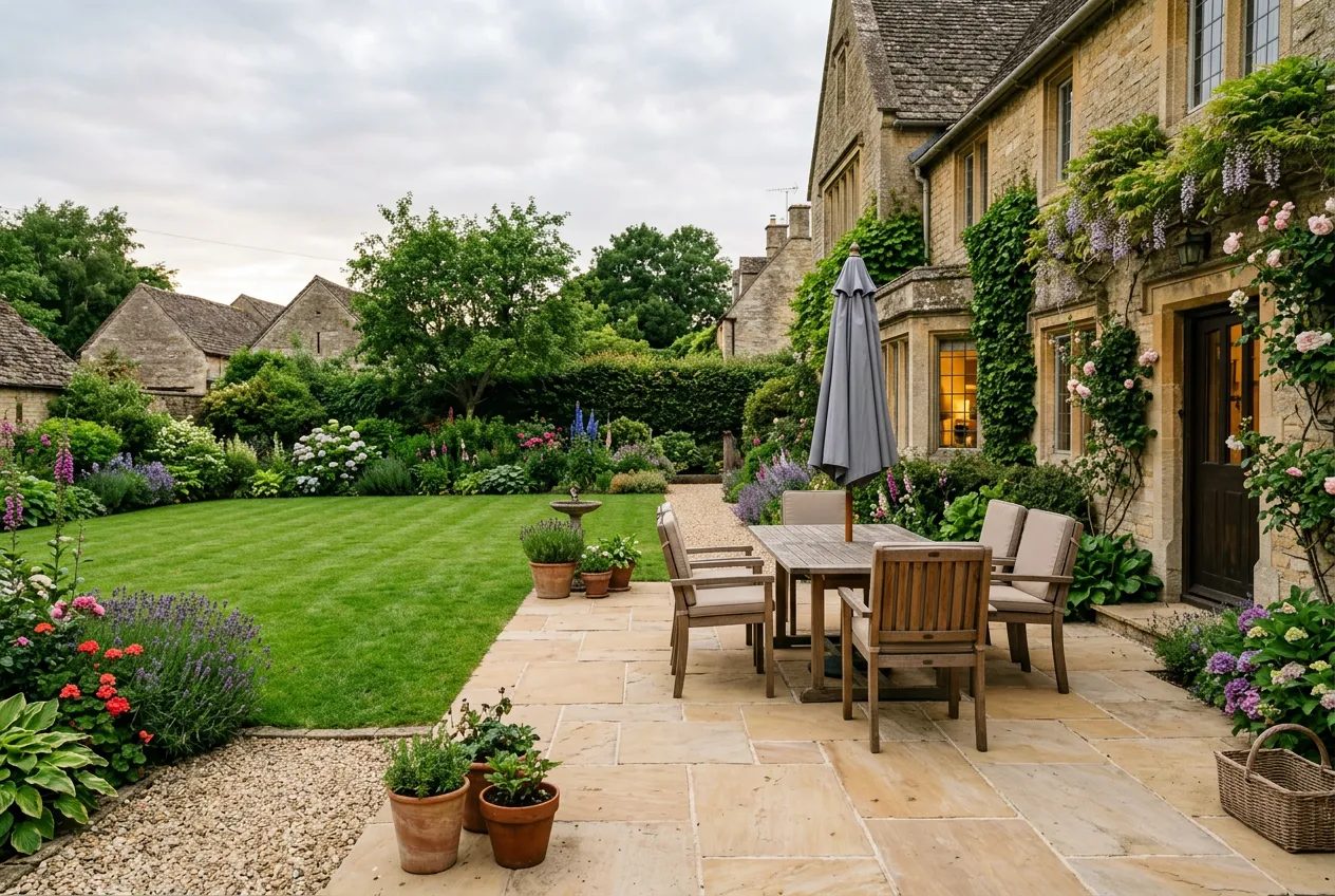 Warm Cotswold stone patio with wooden furniture behind a period house